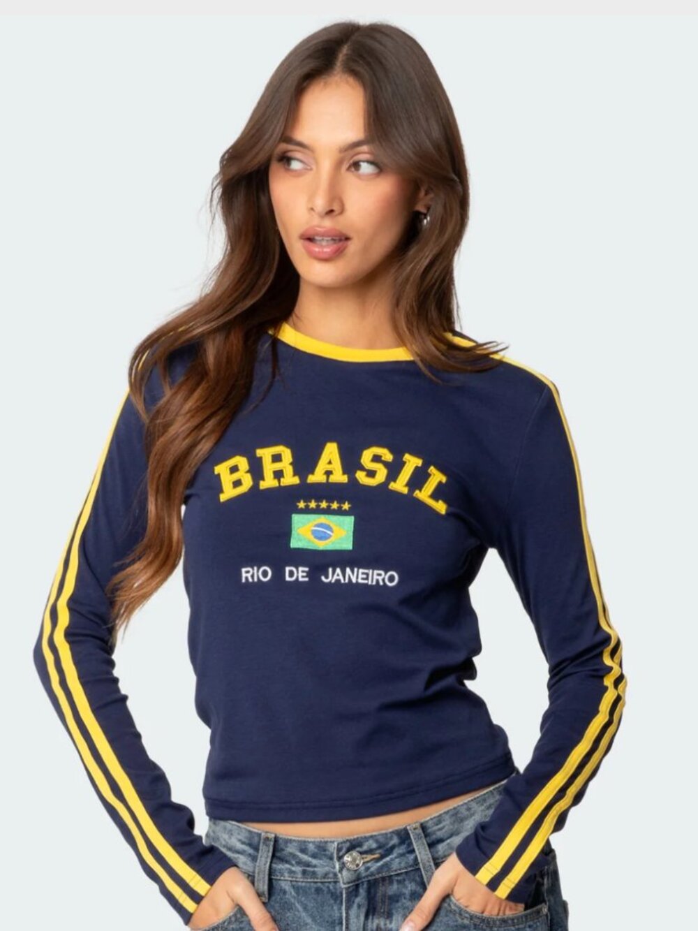 Edikted Brasil Embroidered Long Sleeve T Shirt in small